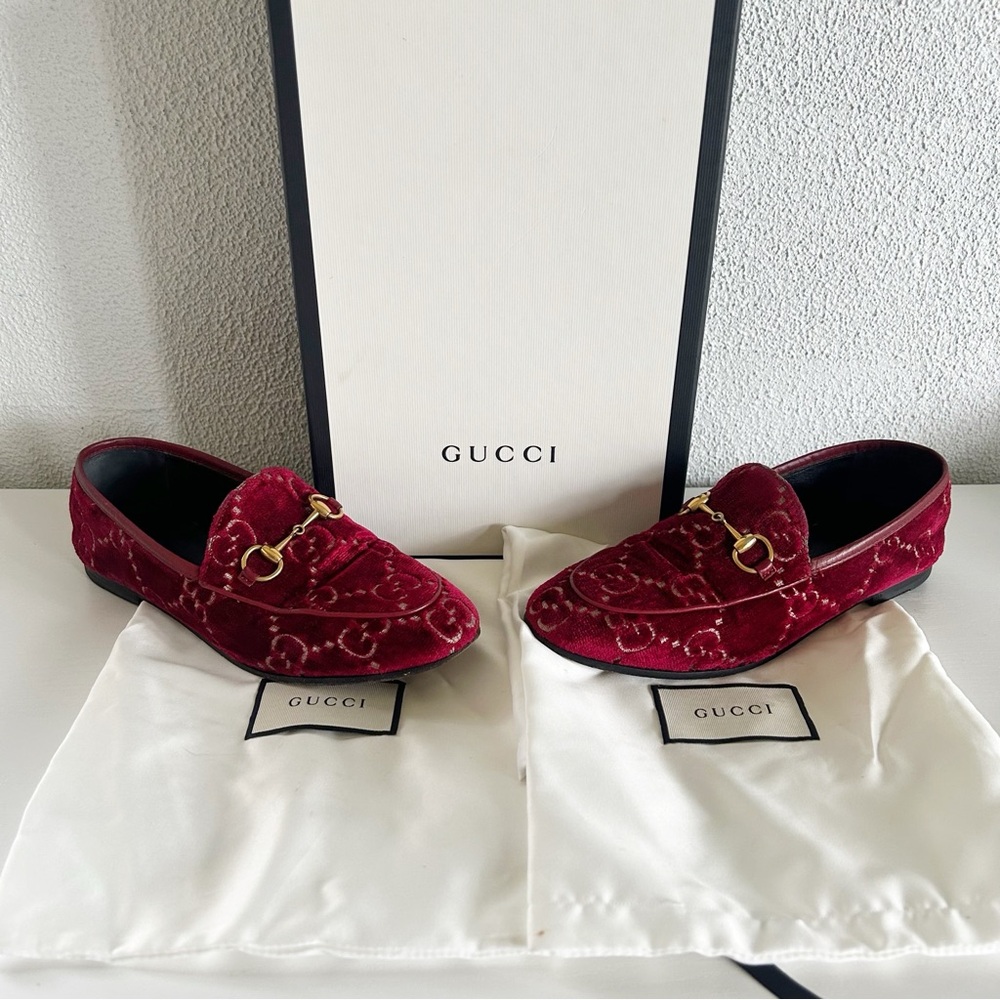 Gucci Jordaan Horsebit Loafers Red GG Velvet EU 36.5 US 6.5 - Picture 2 of 16